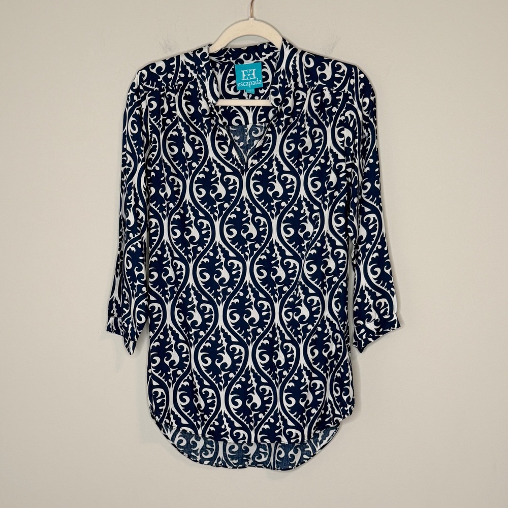 Escapada Womens Navy Blue White Damask Scroll 3/4 Sleeve Tunic Top Small‎ Rayon